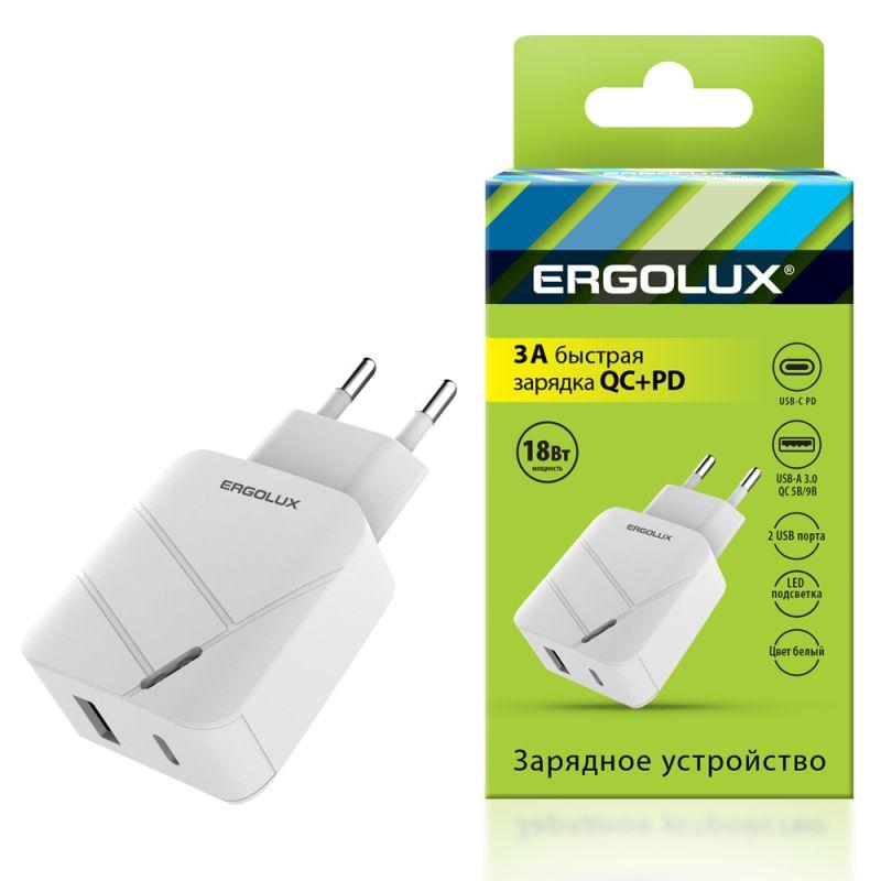 Сет.адаптер/зарядник/блок пит. USB+Type-C 100-220V, 5-9V/3A QC ERGOLUX ELX-РA01QC-C01 бел, коробка