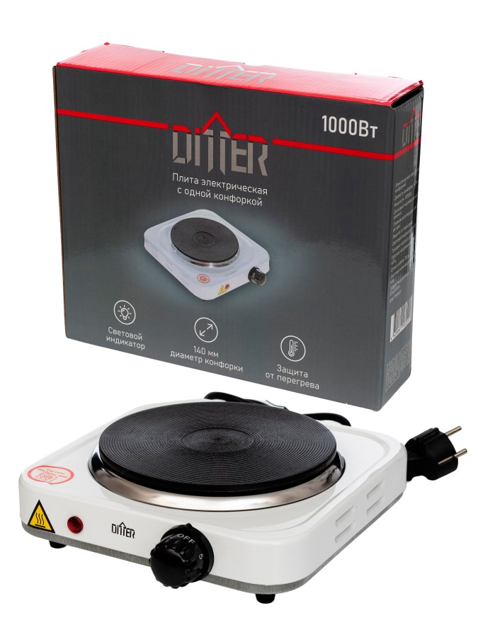 Электроплита Ditter. 1 конфорка, диск, 1 кВт, белая